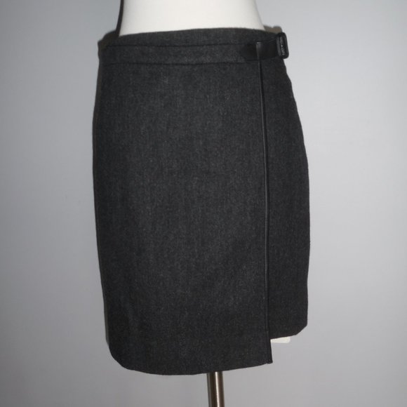 Ralph Laurent Blue Label Gray Wrap Chevron Wool Real Leather Trim Skirt 4 - Picture 1 of 13